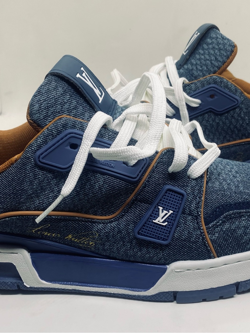 Louis Vuitton Denim Blue & White Low-Top Sneaker with Tan Trim